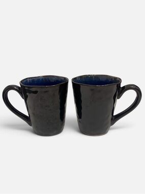 Black Stoneware Ceramic Mugs with Deep Blue Interior - Set of 2